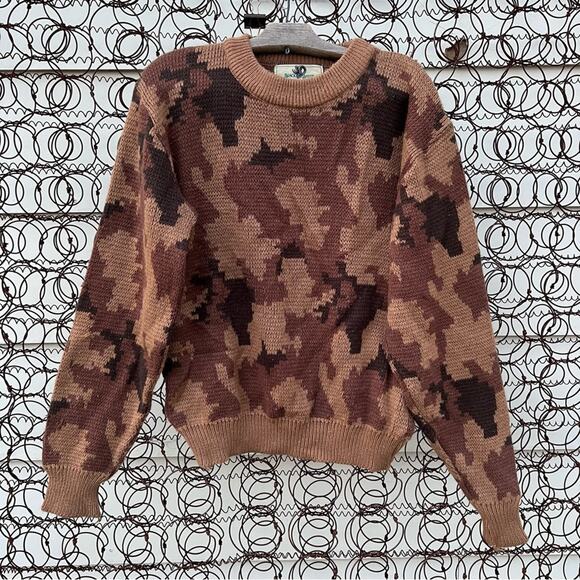 Vintage 80s Black Sheep Leader in the Field brown camo knit crewneck sweater - Picture 1 of 9